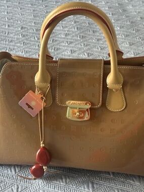 Arcadia Genuine Italian Patent Leather Tote Carmel Brown Color with Red Accents